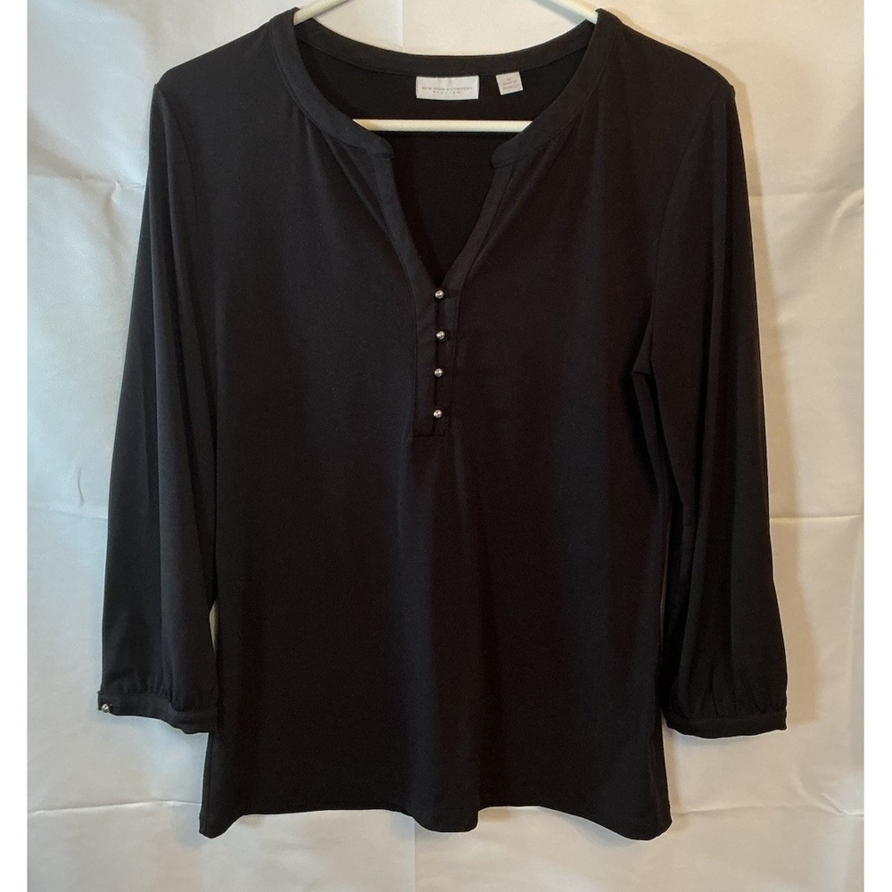 New York & Company Stretch Black Blouse Button Detail 3/4 Sleeve Top Size M